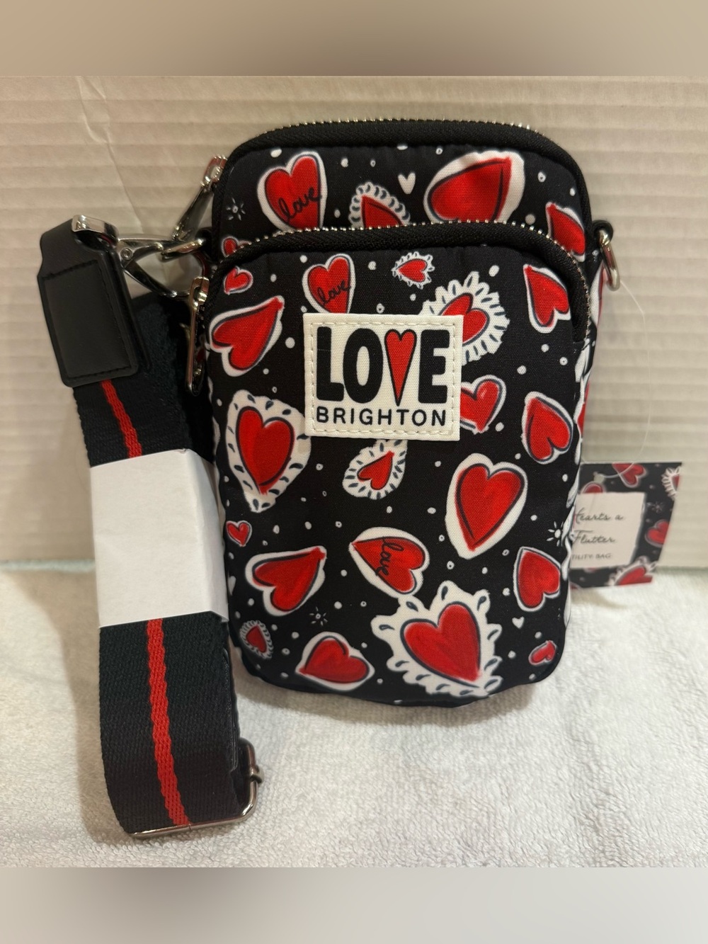 Brighton Hearts A Flutter Utility Bag Crossbody Purse NWT Black Red Hearts